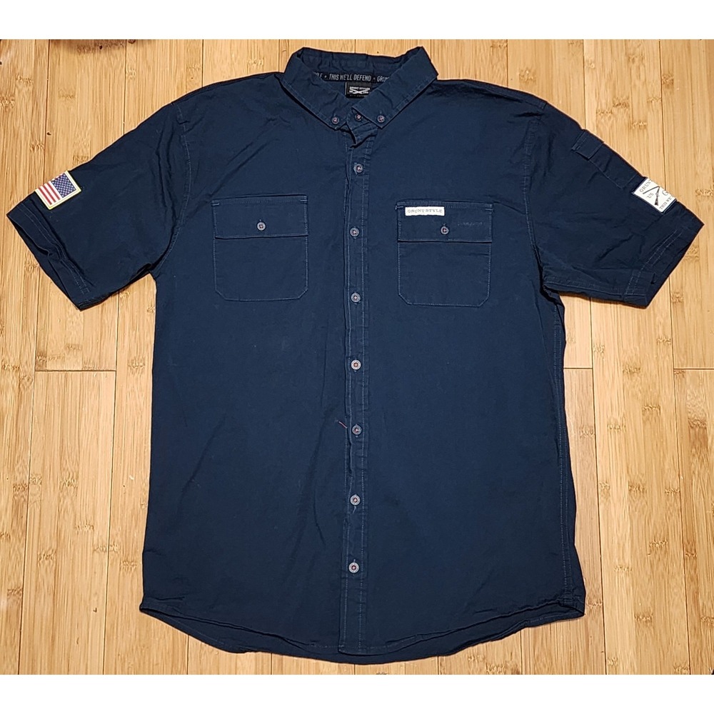 Grunt Style Men Navy Blue Short Sleeve Button Up Shirt American Flag Patch Large